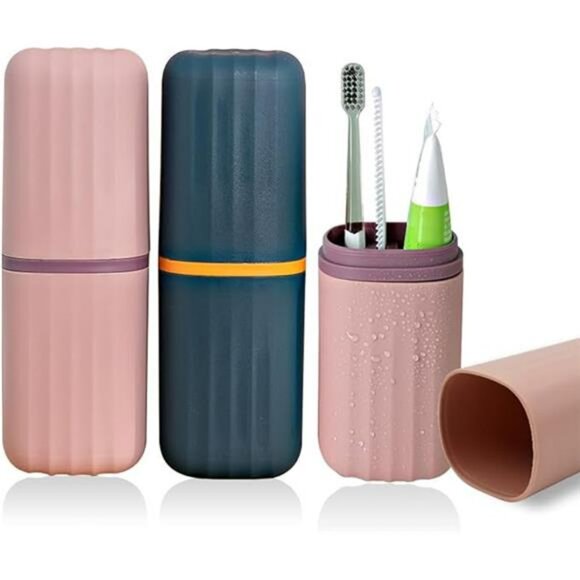 Travel toothbrush case holder set of 2 portable cups storage box pink and blue - Picture 7 of 7